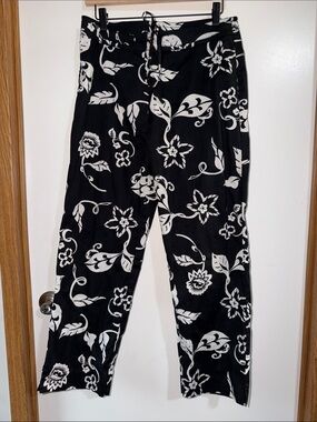 Black & White Floral Wide-Leg Pants with Drawstring Waist